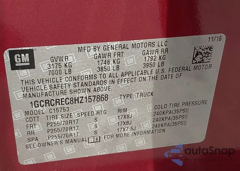 2017 Chevrolet Silverado 1500 1Lt z USA, uszkodzony, nr VIN 1GCRCREC8HZ157868